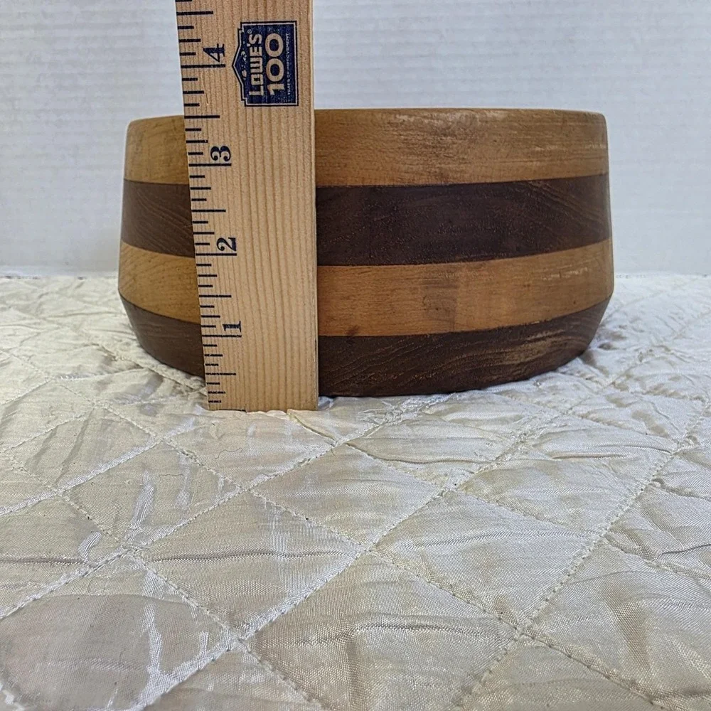 Vintage MCM Handmade Wooden Bowl 2 Tone Horizontal Stripes Maple Walnut Catchall